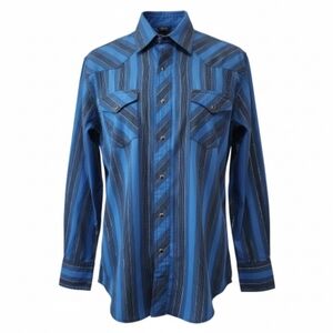 Wrangler Blue Black Silver Western Pearl Snap Shirt Long Sleeve Mens Sz Large
